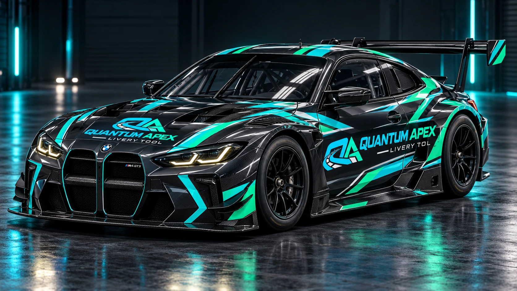 BMW M4 GT3 mit Quantum-Apex-Livery in Mint, Cyan und Graphit